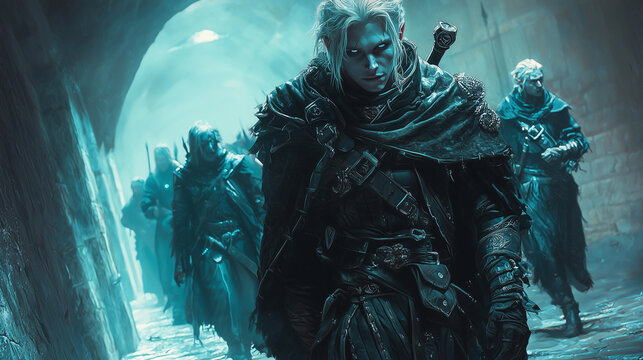 elf male warrior with intense white hair leading a group through an eerie corridor, radiating strength and determination in the face of danger