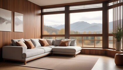 Interior mockup In a white room a blue sofa is placed next to a photo frame on the wall