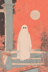 cute halloween illustration of a little ghost spirit in everyday settings for children kids books in warm orange and pink pastel colours in autumn seasonal setting at home
