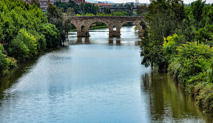 The old Roman stone bridge in Merida, Badajoz, Extremadura, Spain
