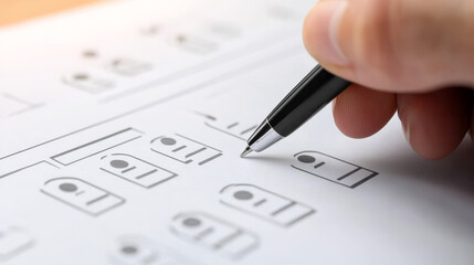 Headhunter using a pen to tick the correct mark on a resume application form, focusing on screening and selecting the best candidates.