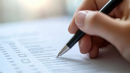 Headhunter using a pen to tick the correct mark on a resume application form, focusing on screening and selecting the best candidates.