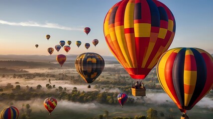 Obraz premium Colorful balloons float high above the morning mist. Amidst the pink-orange sky Create a bright and romantic feeling, Generetive Ai