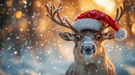 Reindeer wearing a santa hat is standing in a snowy forest with golden light in the background