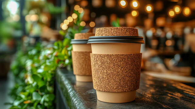 Two paper coffee cups with cork lids stand on a bar in a cafe, waiting to be collected