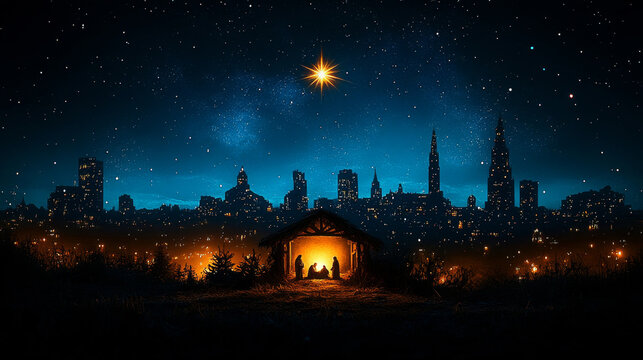 Nativity scene is illuminating a modern city skyline at night with the star of bethlehem shining brightly above