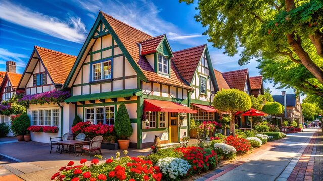 Charming Danish-inspired architecture lines the streets of Solvang, with vibrant flowers and trees surrounding boutique shops and bakeries in this quaint California town.