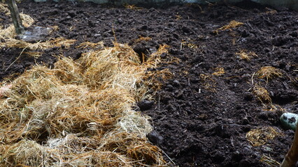photography of piles of manure and straw for making compost