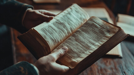 A person examines an old, worn book with yellowed pages in a cozy reading nook during the afternoon