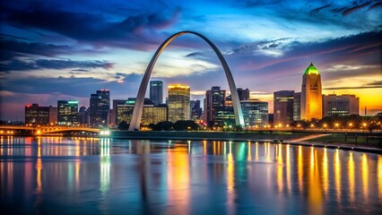 Cityscape Of St Louis, Missouri, Showcasing The Iconic Gateway Arch Illuminated Against A Dark Night Sky