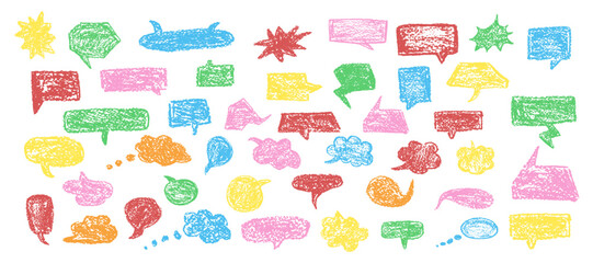 Fototapeta premium Set of fun speech bubbles for chat. Comic frame templates for dialogues. Collection of children speech balloons handwriting with wax pen. Colorful frames in school doodle style. Vector illustration