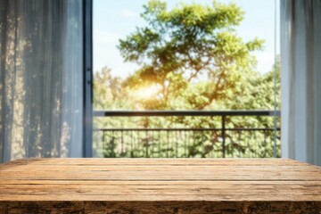 Wooden table foreground blurred background balcony view trees Em