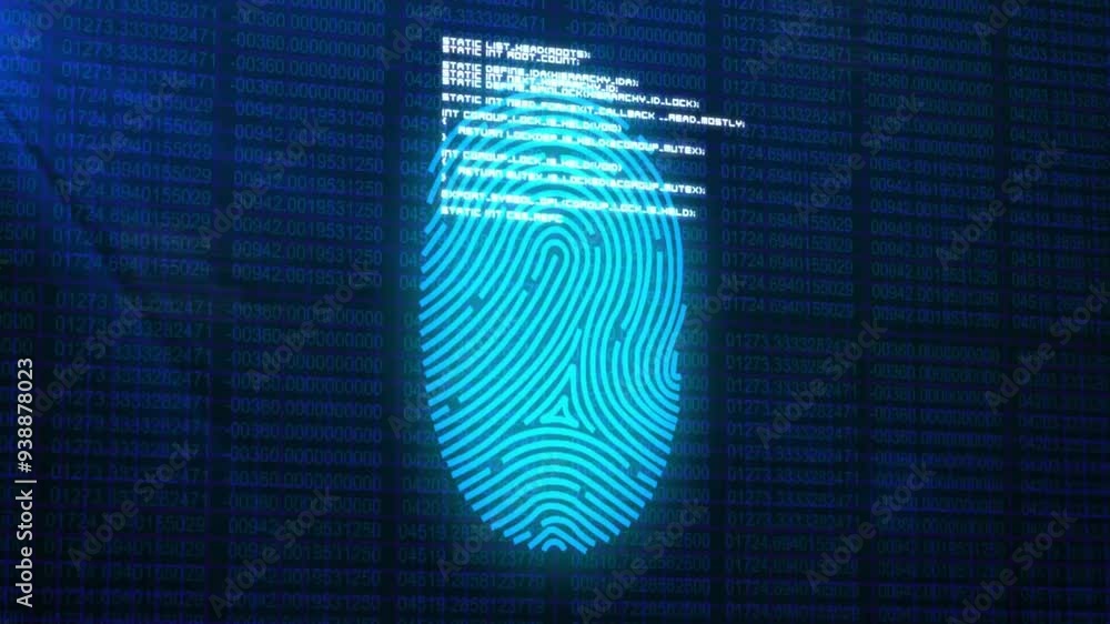 Leinwandbilder Fingerprint scan animation over binary code and data processing background