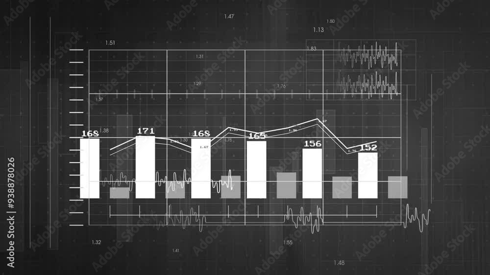 Poster Bar and line charts with numerical data analysis animation over dark grid background