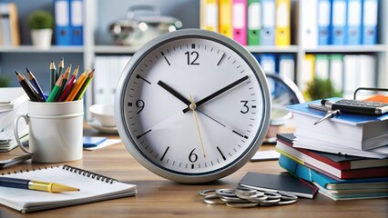 Close-up of a analog clock face with hour and minute hands ticking away, surrounded by scattered papers and office supplies on a busy desk surface.