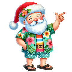 Cheerful Santa Claus in tropical attire, wearing a Hawaiian shirt, shorts, and flip-flops, ready for a sunny Christmas celebration.