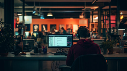 Fototapeta premium A focused programmer works late at night in a modern office with multiple screens and a vibrant atmosphere filled with creativity