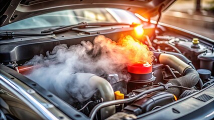 Close-up of a car engine with warning lights blinking, steam erupting from radiator, and gauges in the red zone, indicating severe overheating and damage.