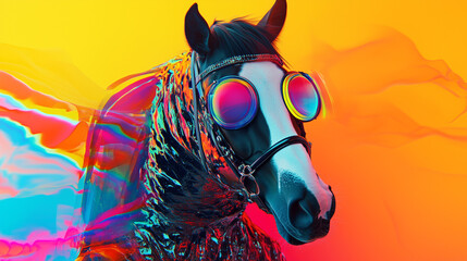 Naklejka premium Mare in bright goggles and shiny clothing on an orange background, looking futuristic and stylish