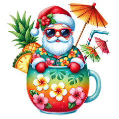Festive Santa in a tropical setting with sunglasses, fruity drinks, and floral shirt, perfect for holiday and summer themes.