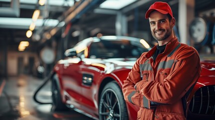 Naklejka premium Ultra-Realistic Craftsman in Premium Car Workshop with Luxury Red Sports Car, Smiling Confident Technician in Professional Automotive Service Environment