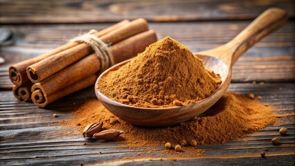 Close-Up Of A Golden Pile Of Cinnamon Powder With A Wooden Spoon On A Rustic Wooden Surface