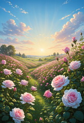 A stunning composition of roses basking in the rays of the sun, towering against a clear blue sky.