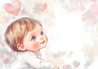 Cute baby with blonde hair and big blue eyes looking up at hearts on a watercolor background.