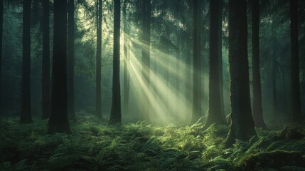 Sun Rays in the Misty Forest