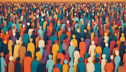 Fototapeta premium A sea of colorful, faceless figures representing a large crowd gathered together at an outdoor setting, possibly symbolizing diversity or unity in a group