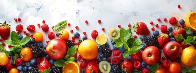 A background with lots of white space and professional close up look of lots of healthy fruits and vegetables