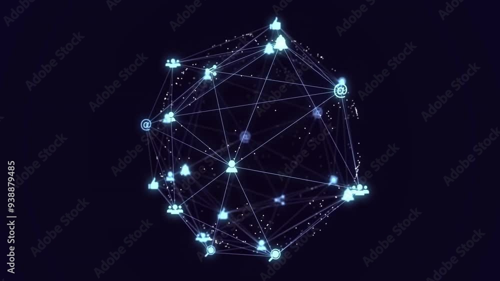 Poster network of connections and data processing animation over dark background