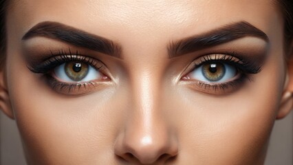 Obraz premium Close-up of a pair of perfectly shaped eyebrows with fine lines and subtle arch, showcasing expertly applied semi-permanent makeup in a natural skin tone.