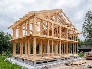 Wooden Frame of a New House Under Construction in a Green Natural Setting