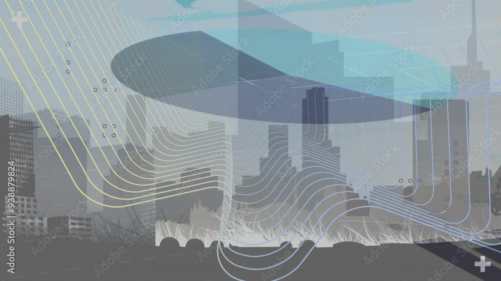 Poster animating abstract lines and shapes over cityscape background