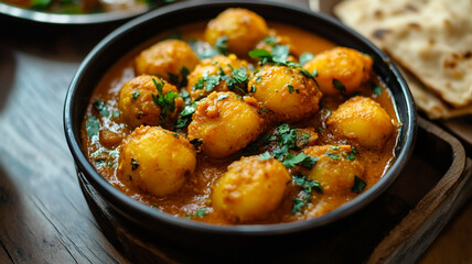 Fototapeta premium Deliciously spiced potato dumplings swimming in rich curry served alongside warm flatbread on a rustic wooden table