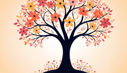 Multicolored Blossoming Tree in a Vibrant Spring Meadow at Sunset