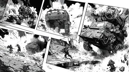 Black and white comic book page depicting intense armored combat scenes