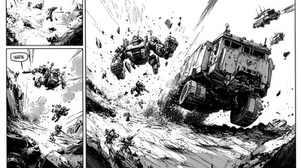 Dynamic black and white comic book page with intense action scenes