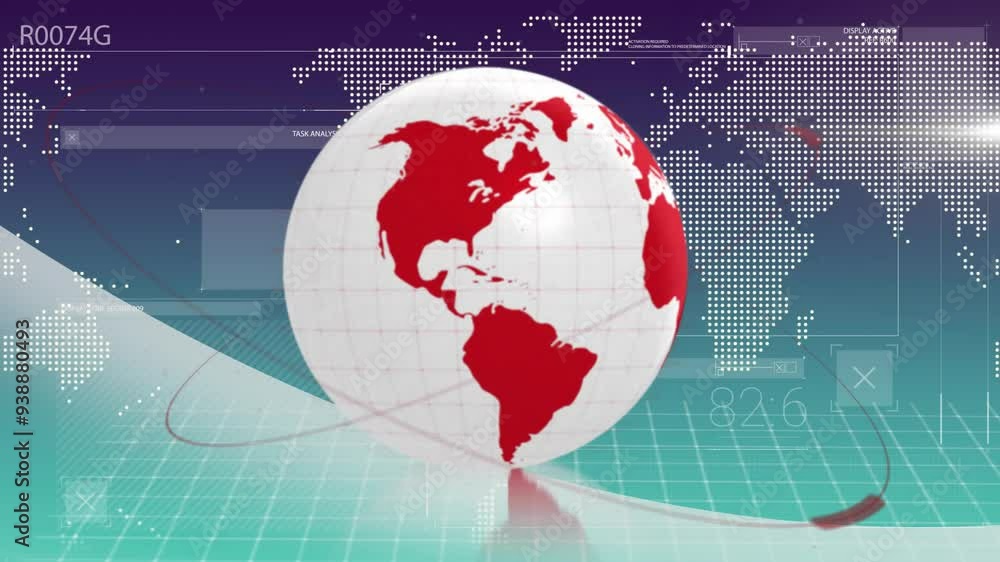 Poster rotating globe with red continents, data processing animation over world map background