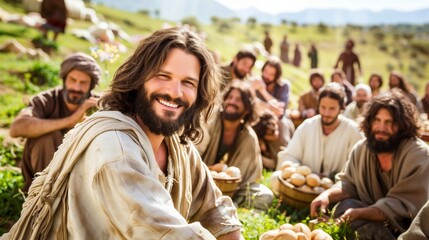 Biblical Scene of Jesus and His Disciples Sharing a Joyful Moment Outdoors