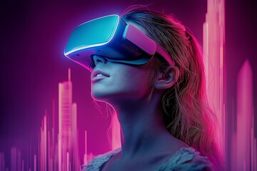 Young girl, woman with VR glasses immersed in virtual reality, Abstract neon light, surreal background, technology of the meta-universe