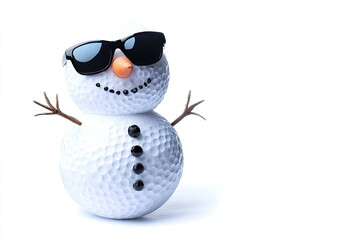 Golf Christmas Card. Snowman with sunglasses on. Made up of  Golf balls over white background and area for text on right  side.