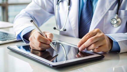 Close-Up Of Doctor'S Hand Using Pen To Monitor Electronic Health Records Of Patient On Digital Tablet