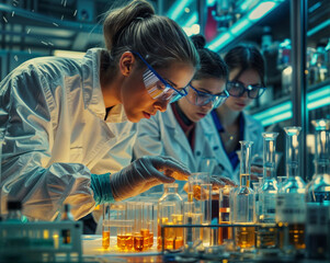 A group  of Female Scientist Working in laboratory with Samples, experimenting.