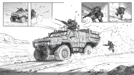 Dynamic storyboard sketch of a military scene with vehicles and soldiers