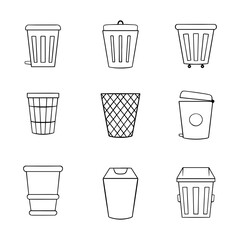 Collection of trash can doodle line icons. Hand drawn outline style. isolated illustration