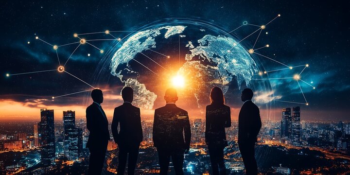 Business team standing in front of a digital globe, with a blue and white color scheme, in a corporate culture background image, using a double exposure photography technique