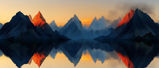 fantasy landscape panorama with mountains reflecting in the water. Abstract background. Spiritual zen wallpaper with skyline