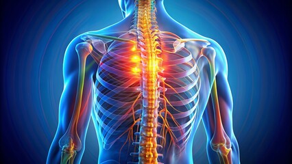 Colorful 3D illustration of human spine with herniated disc, showing compression on nerves, highlighting back pain and spinal injury concept.